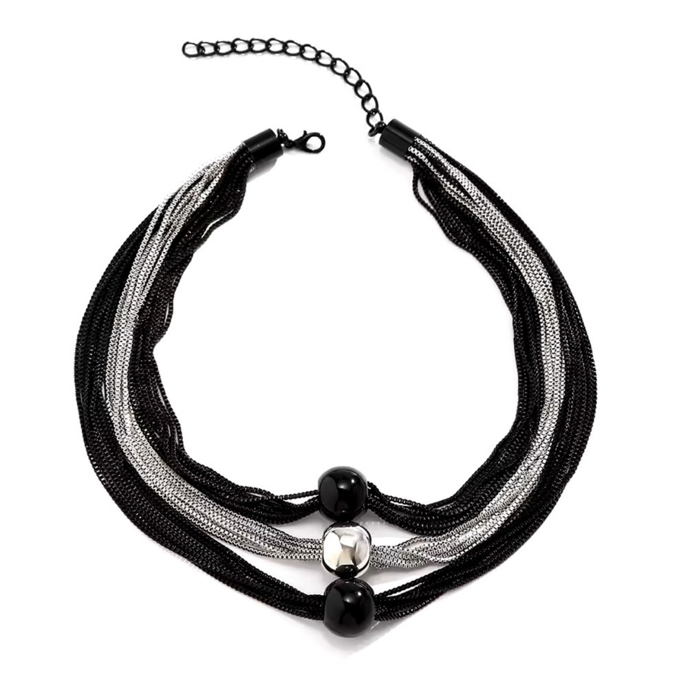 18K Black & White Gold Rhodium Plated Chunky Thick Layered Chain Beads Necklace - Picture 4 of 8